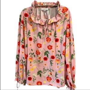 Gibson Latimer Floral Top Ties at Ruffled Round Neck & Sleeves Pullover Lt. Pink